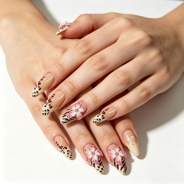 Artistic Stiletto Press-On Nail Set with Floral Details Kalsten