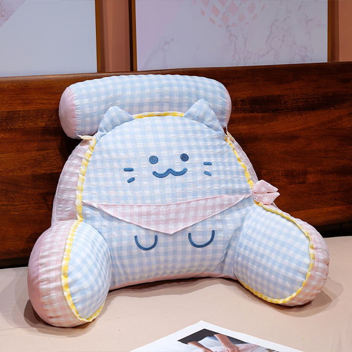 Reading pillow with neck support and plush cat shape