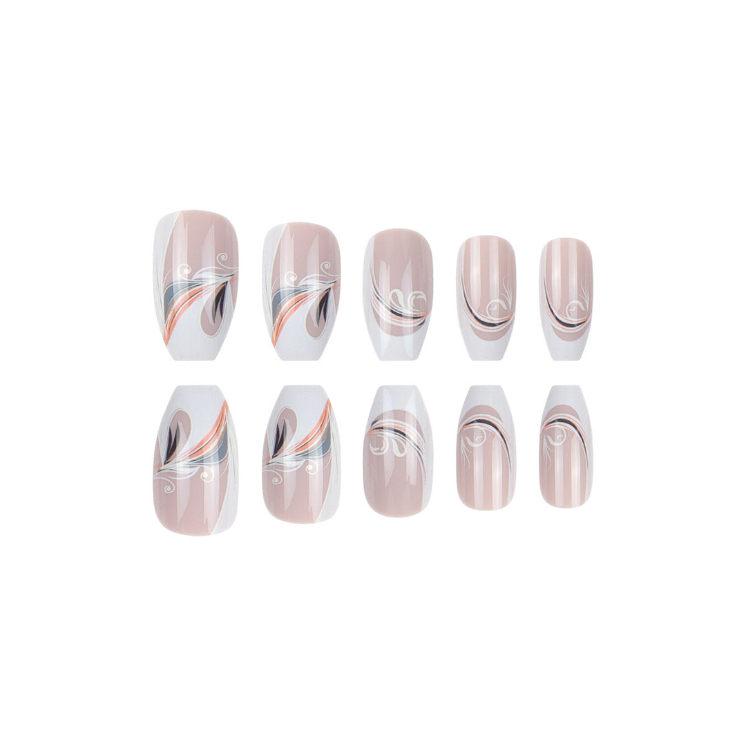 Decorative French Tip Press-On Nails with Artistic Swirl Design Kalsten