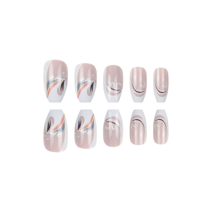 Decorative French Tip Press-On Nails with Artistic Swirl Design Kalsten