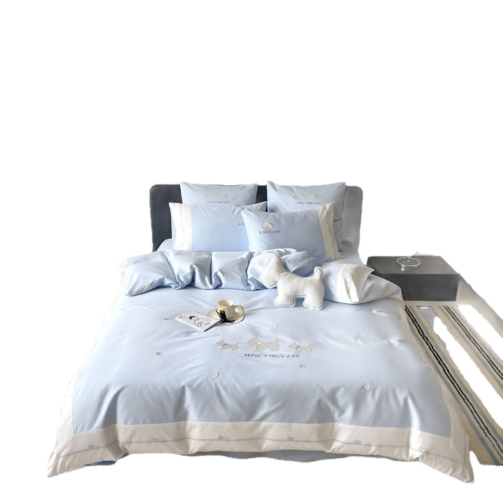 Cotton satin bedding set with embroidered dog motifs and reversible function