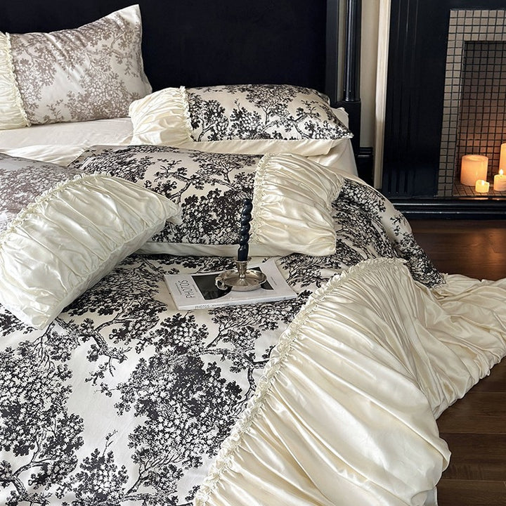 Premium cotton satin duvet cover set with ruffled frill and decorative bed skirt