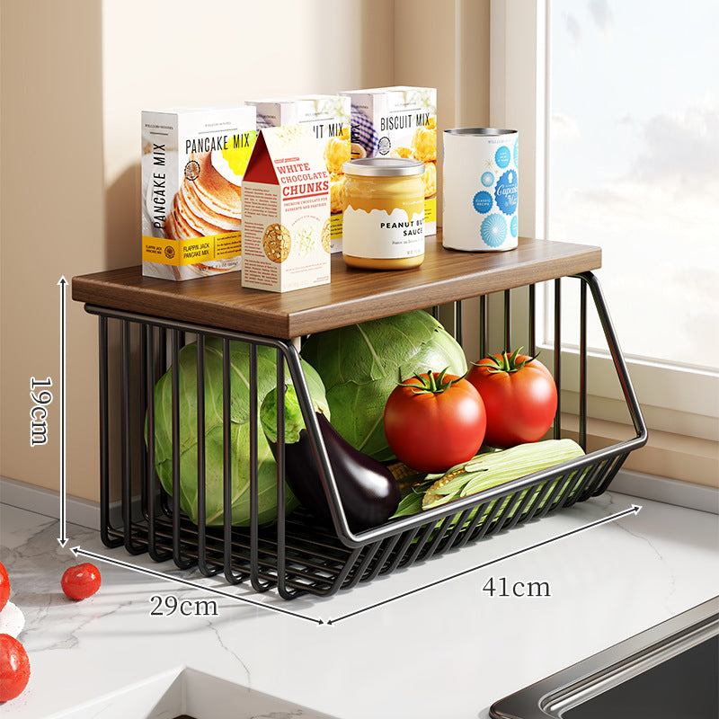 Countertop Wooden-Top Metal Wire Produce Storage Basket with Front-Tilt Access
