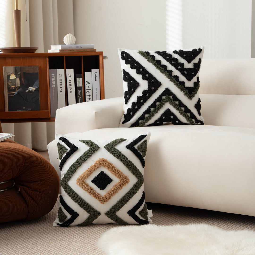Decorative pillow with textured square appliqués and cotton cover