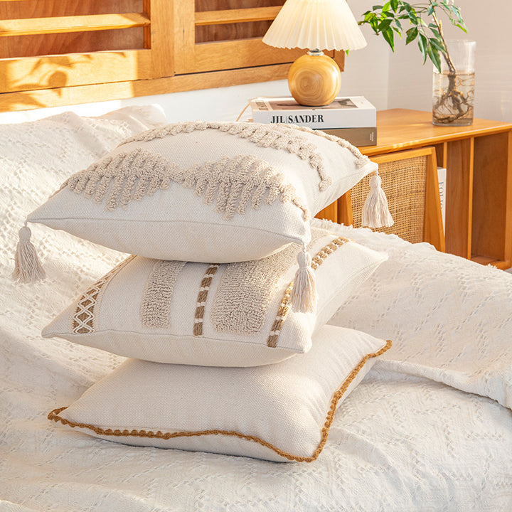 Decorative Bohemian Fringe Throw Pillow Cushion with Textured Macramé Trim