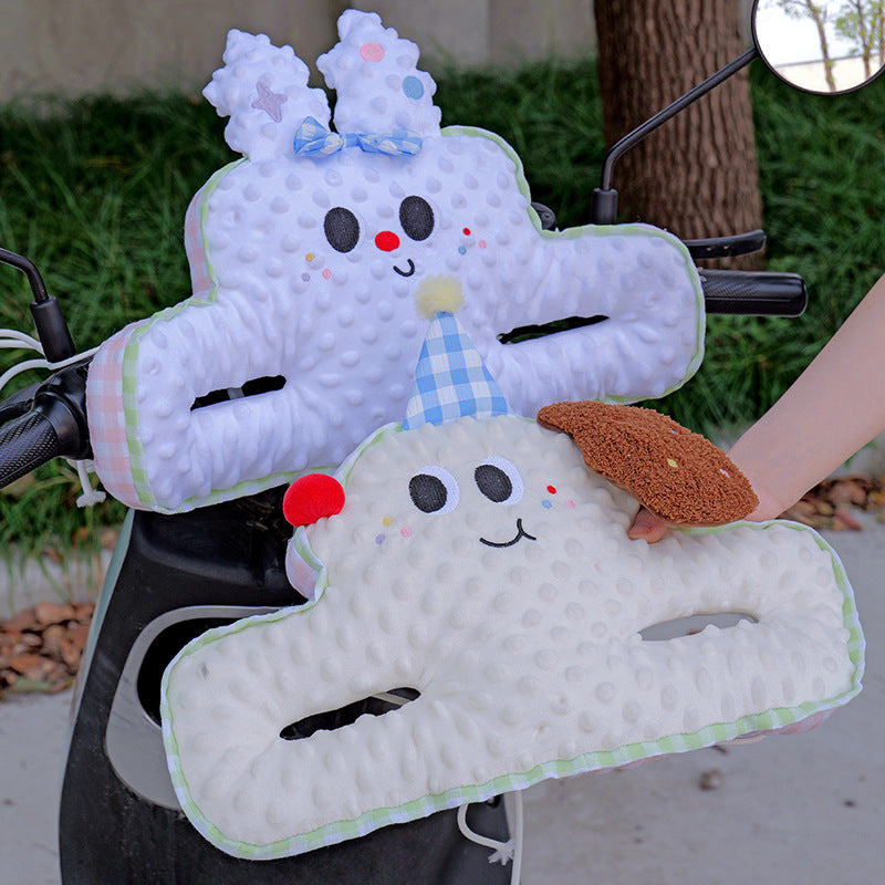 Soft plush handlebar pads for kids' scooters and strollers with safety belt slots
