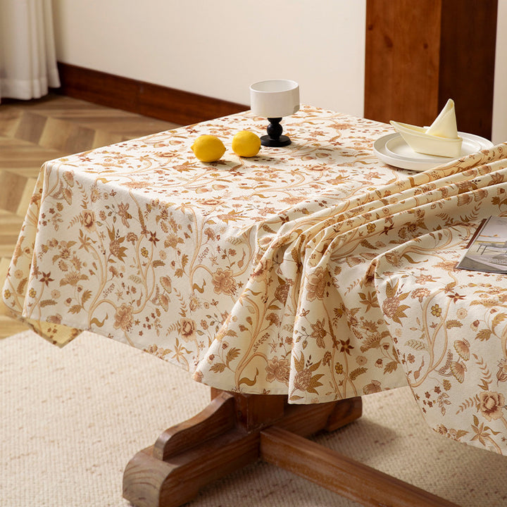 Light cotton blend tablecloth with vintage floral pattern and stain-resistant surface