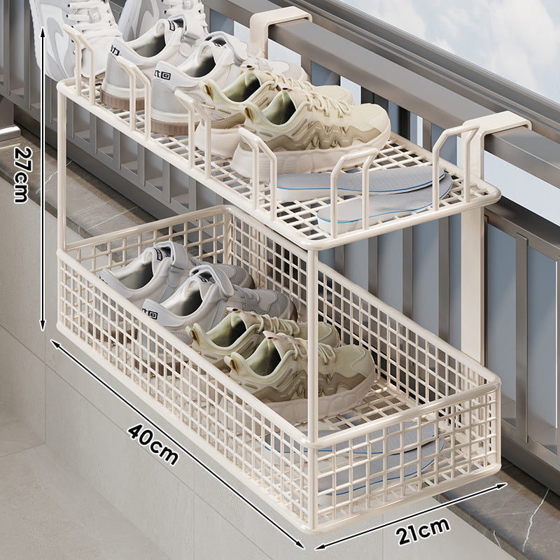 Window-Rail Hanging Shoe Storage Basket with Ventilated Grid and Adjustable Clamp Hooks