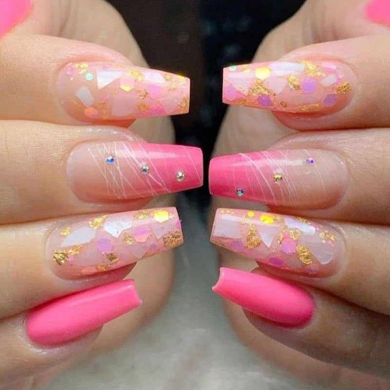 Decorative Long Press-On Nails with Rhinestone Accents and Glitter Kalsten