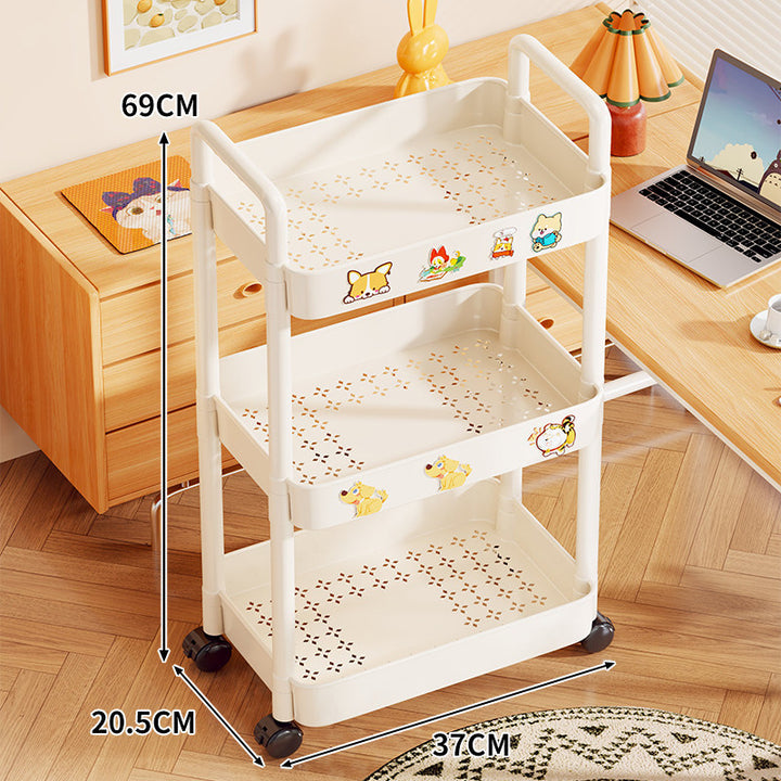 Triple-Tier Rolling Metal Storage Cart with Perforated Trays and Locking Casters