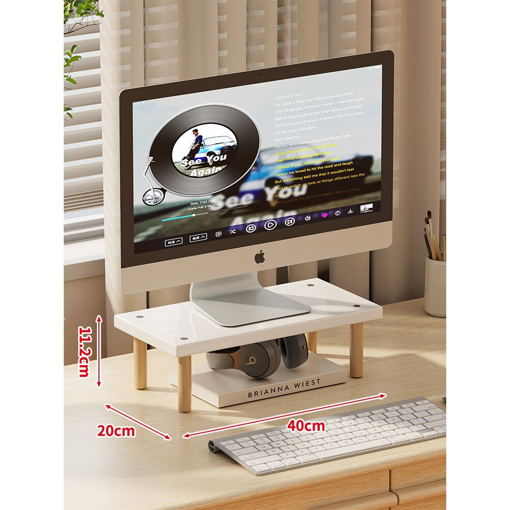 Compact Elevated Monitor Riser Stand with Wooden Legs and Under-Storage