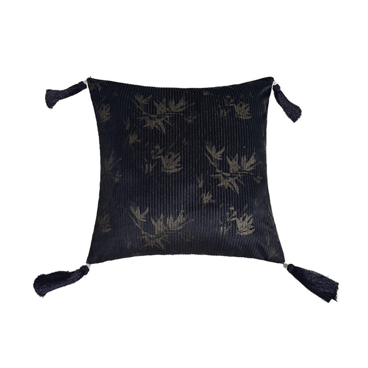 Square decorative cushion made of velvet with relief longitudinal stripes and fringe tassel Kalsten