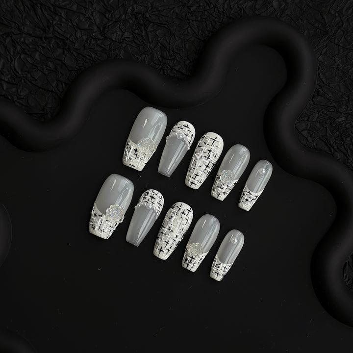 Artistic Press-On Nails Set with Floral Embellishments