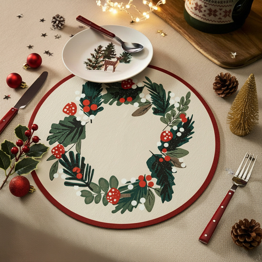 Round wipeable placemat with Christmas pine cone and holly wreath motif Kalsten