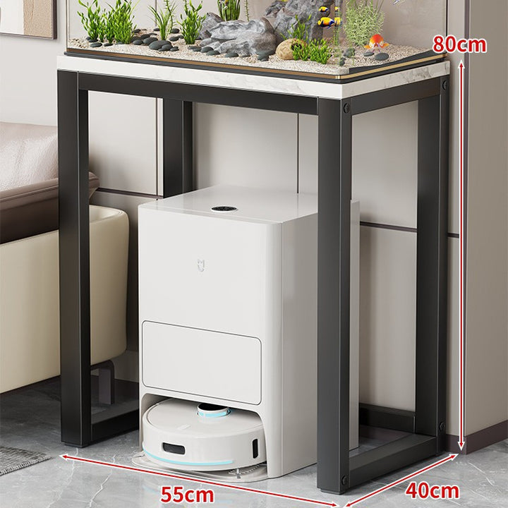 Gold Metal Aquarium Console Table with Faux Marble Top and Robot Vacuum Storage