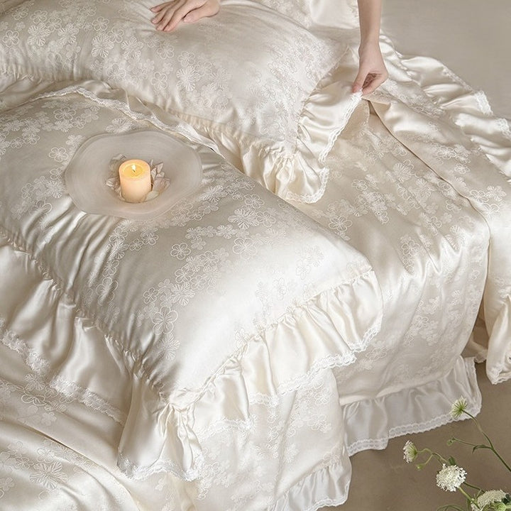 Luxury satin bedding set with floral jacquard pattern, ruffle, and silky finish