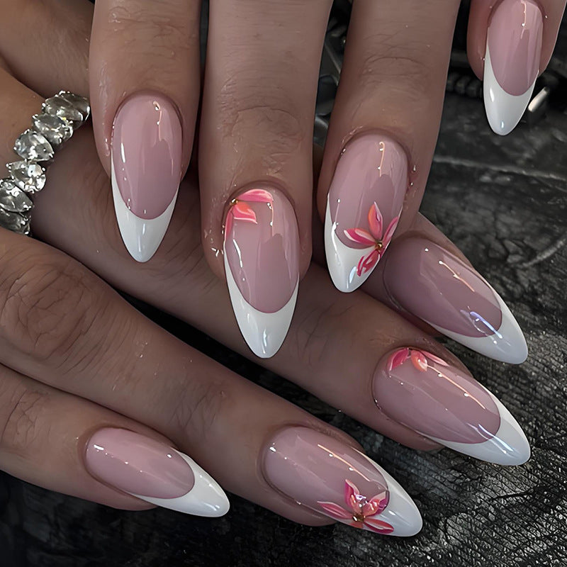 Artificial nail set with elegant French design and charming floral accents Kalsten