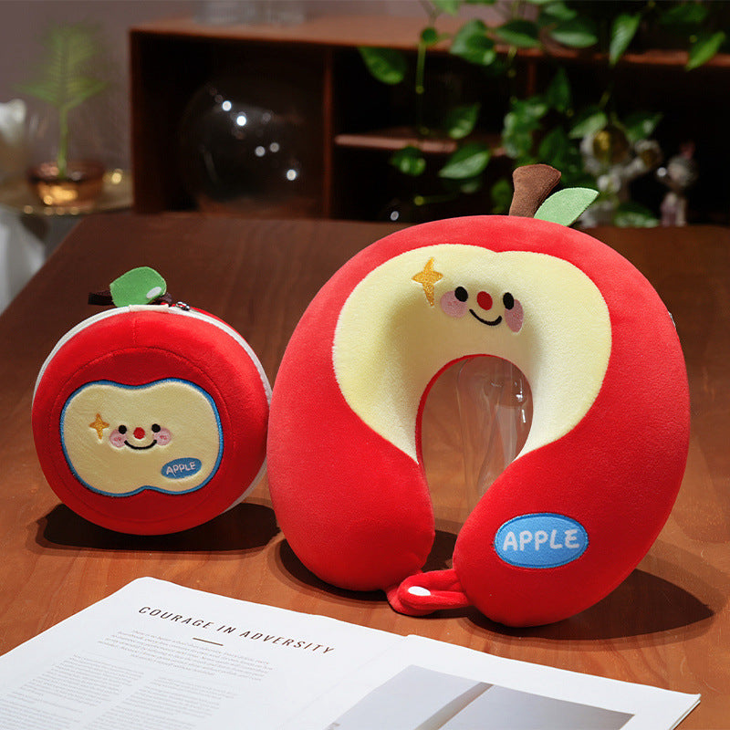 Cozy ergonomic travel pillow with cat design and integrated storage bag