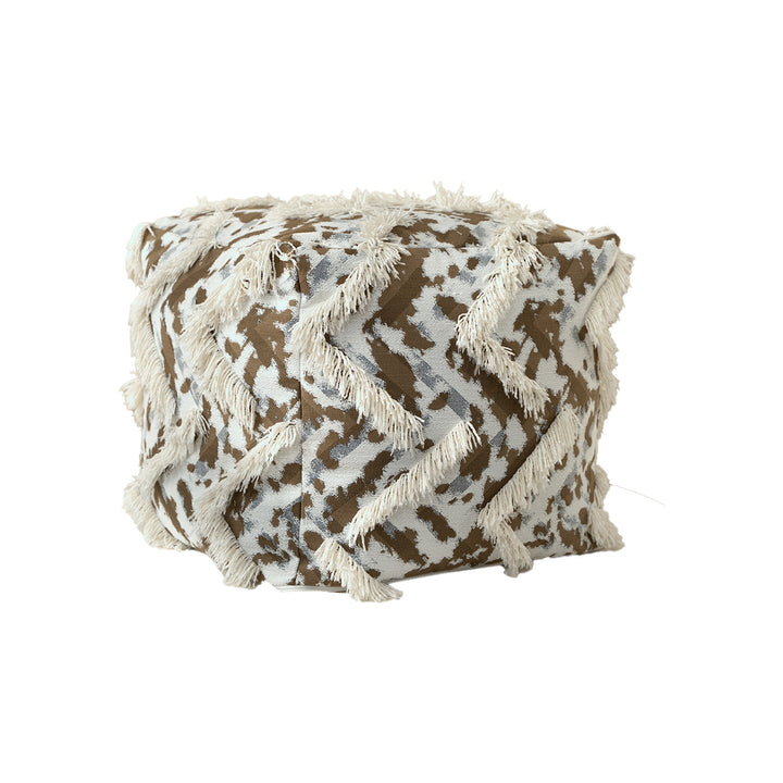 Padded Boho seat pouf with fringes and woven patchwork cover