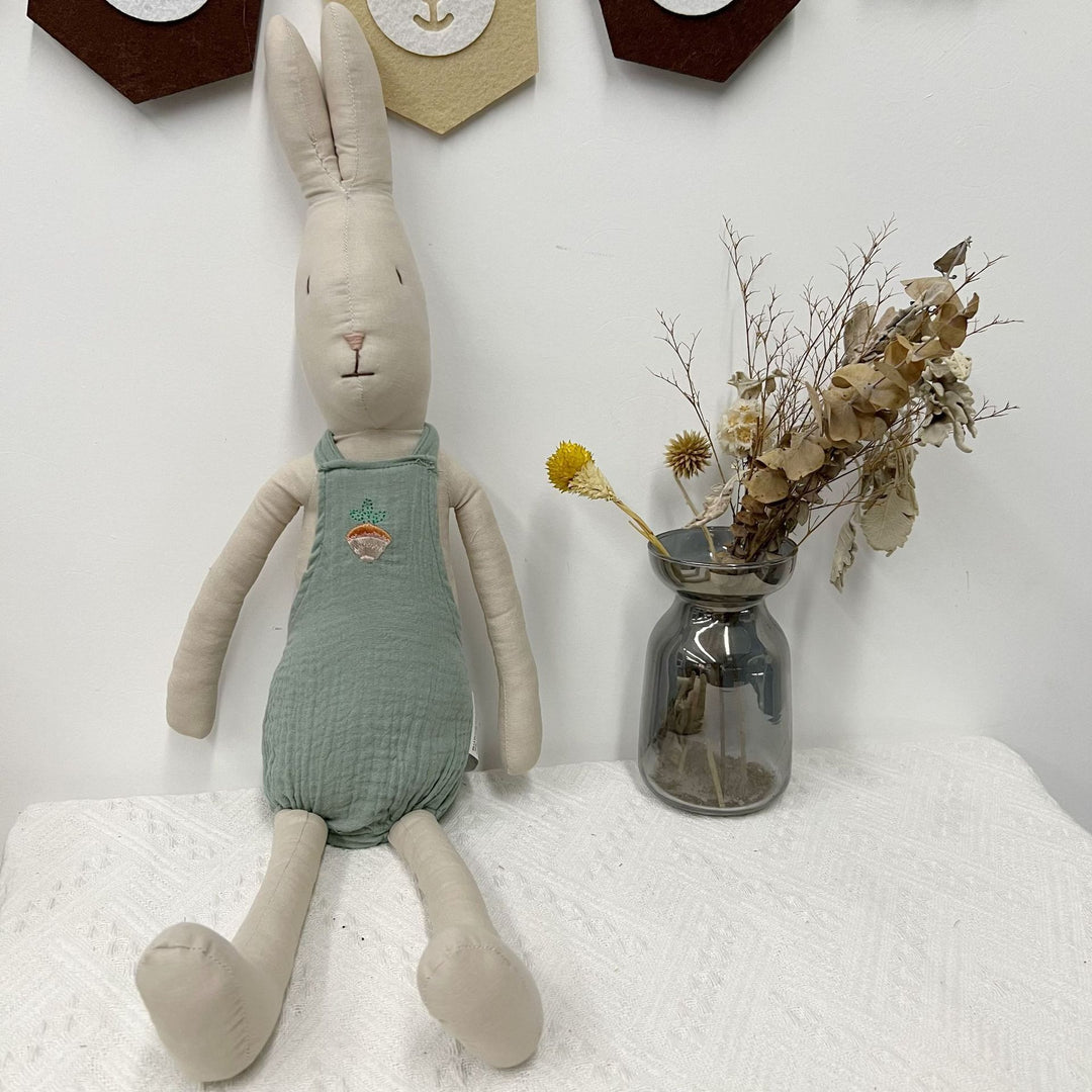 Handcrafted Organic Cotton Bunny Doll with Linen Jacket and Plaid Shorts