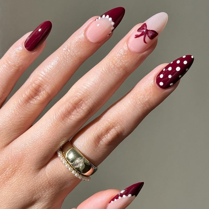 Artistic Press-On Nail Set with Bow and Polka Dot Design Kalsten