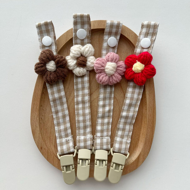 Gingham Linen-Style Crochet Flower Pacifier and Teether Clip