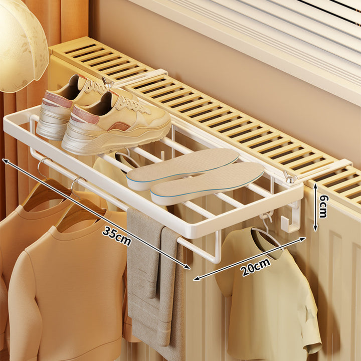 Radiator-Mounted Folding Drying Rack with Extendable Shoe Shelf and Multi-Hook Hanger