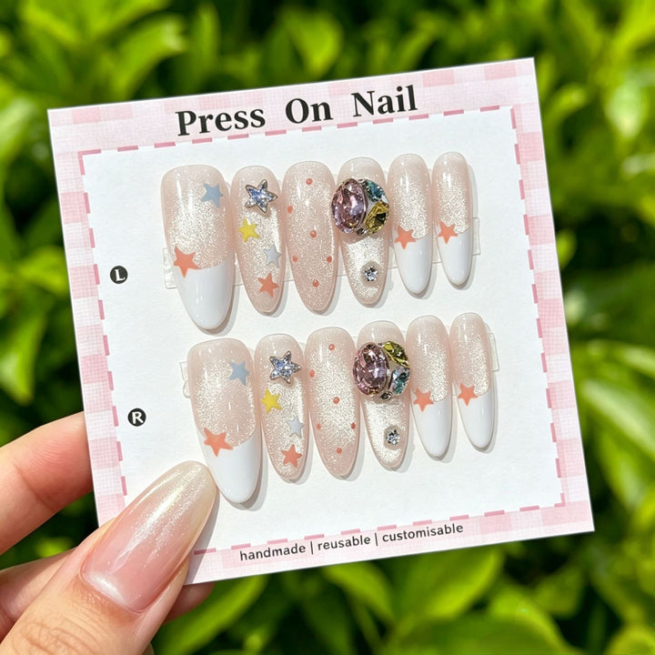 Artistic Press-On Nail Art Set with Star and Floral Accents