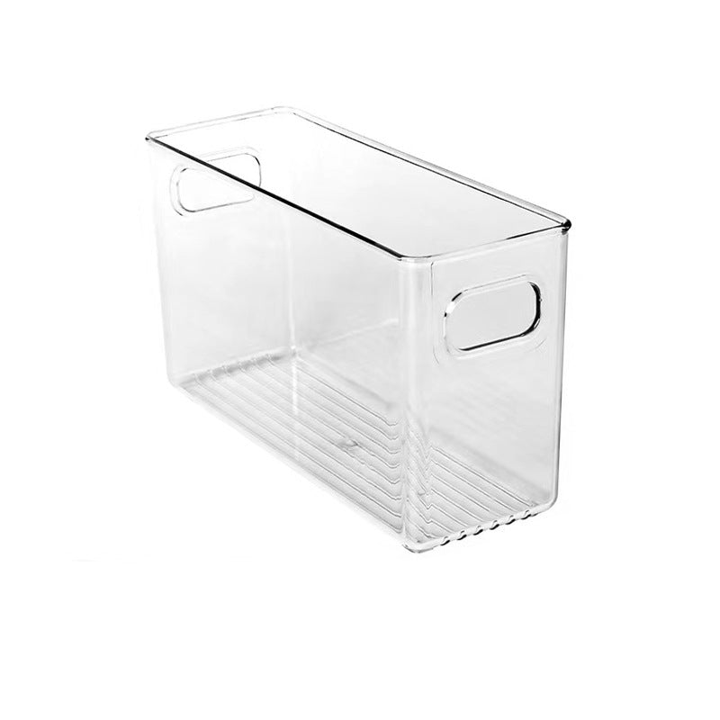 Flat transparent storage box with integrated handles and non-slip bottom