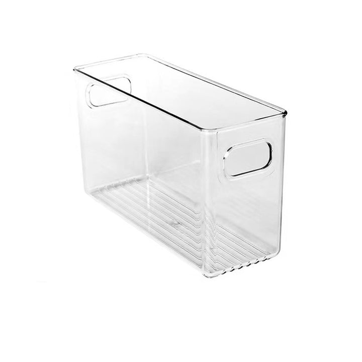 Flat transparent storage box with integrated handles and non-slip bottom