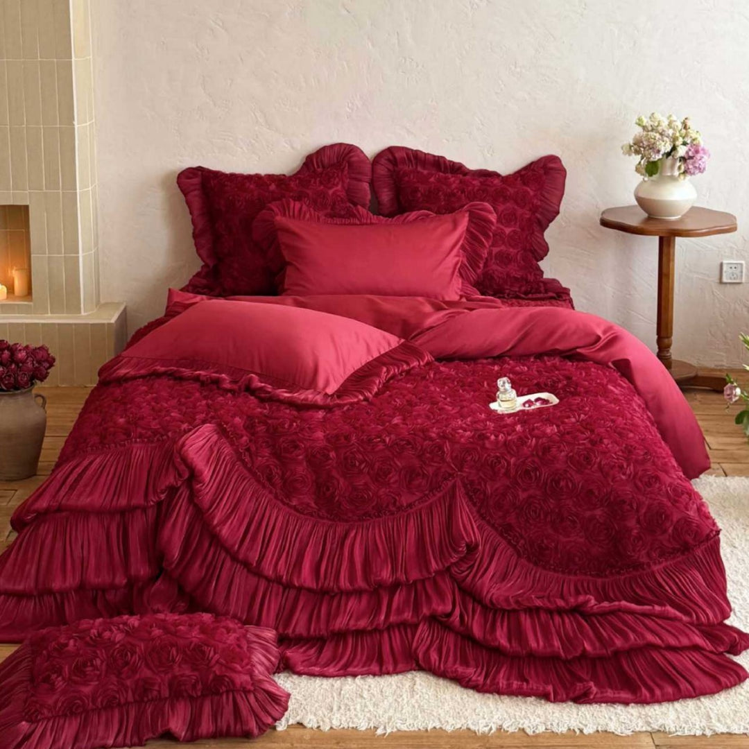 Romantic quilted bedspread with 3D rose appliqué, pleated frills and pillowcases