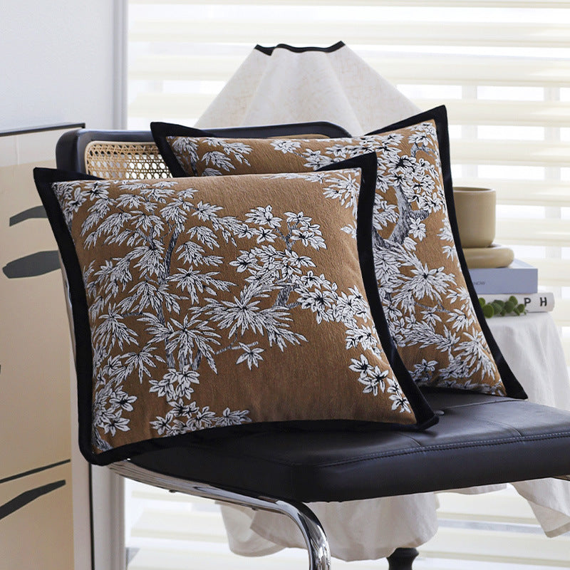 Square embroidered cushion cover made of cotton-linen blend with floral jacquard texture and velvet piping Kalsten