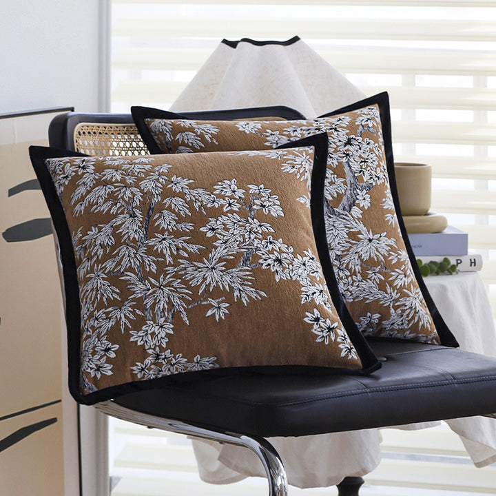 Square embroidered cushion cover made of cotton-linen blend with floral jacquard texture and velvet piping Kalsten