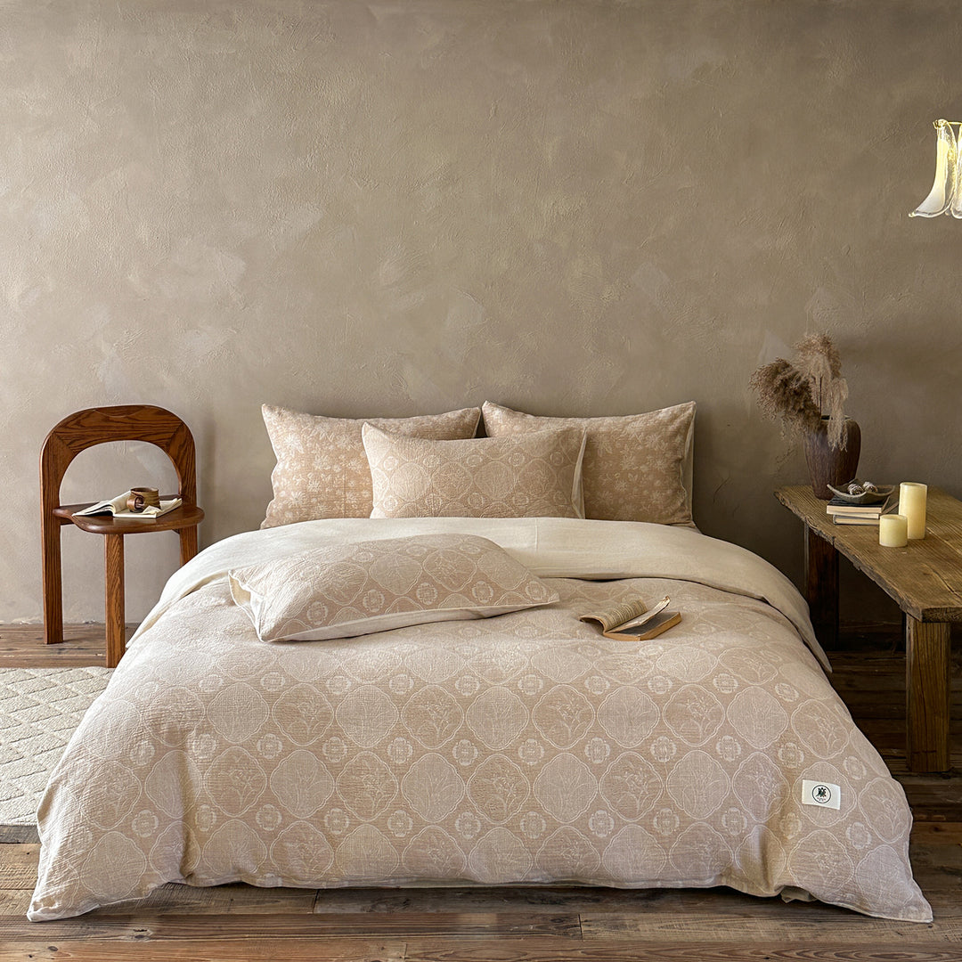 Luxurious cotton-linen bedding set with a lightweight quilted texture and floral jacquard