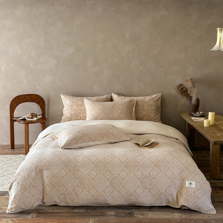 Luxurious cotton-linen bedding set with a lightweight quilted texture and floral jacquard