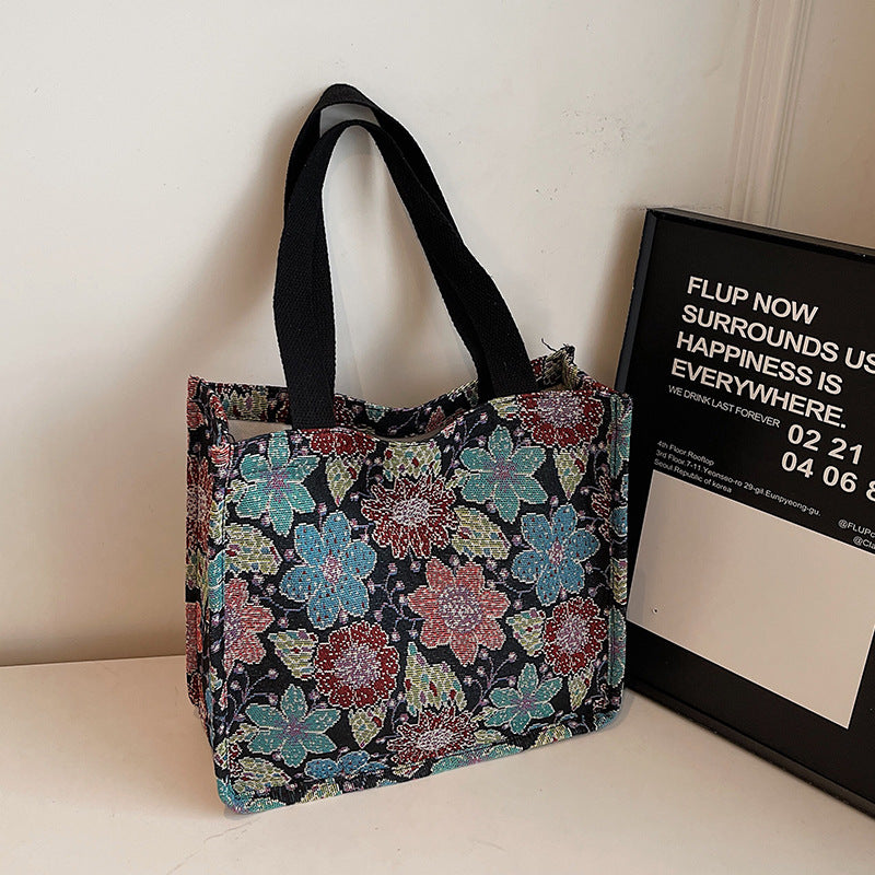 Floral Embroidered Tapestry Tote Bag