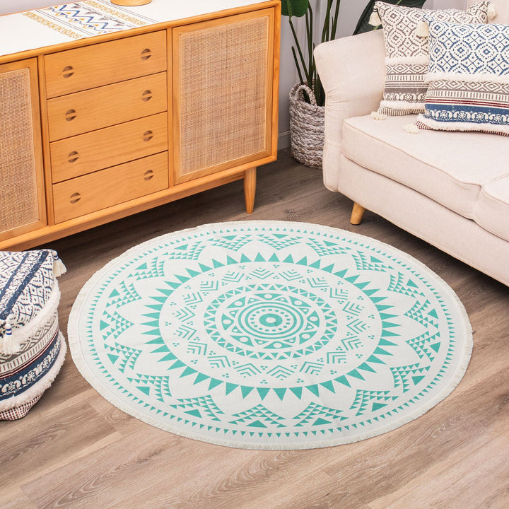 Round woven rug with mandala motif, flat cotton-jute mix and fringes Kalsten