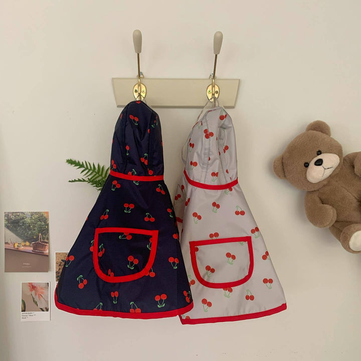 Waterproof Cherry-Print Hooded Dog Raincoat with Clear Visor and Front Pocket