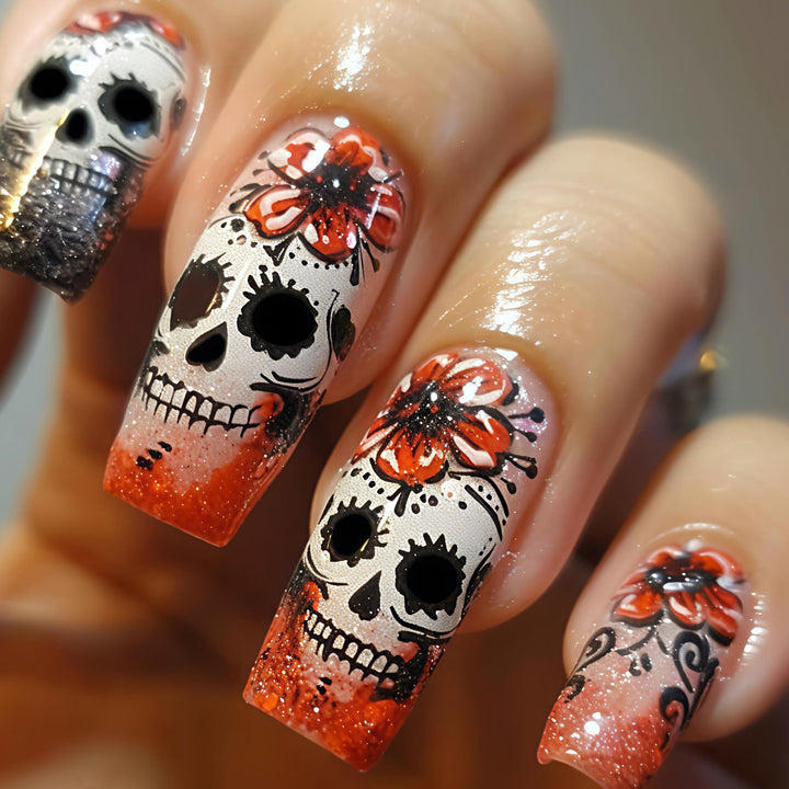 Artistic Skull and Flower Themed Nail Art Kalsten