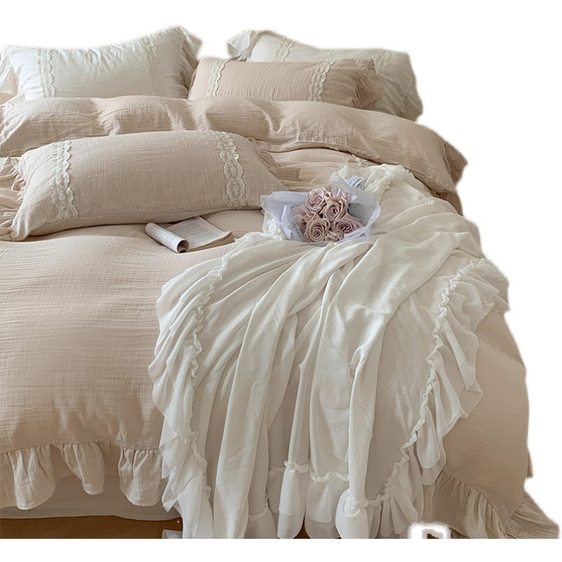 Reversible cotton-linen duvet cover set with ruffle, delicate lace trim, and breathable muslin
