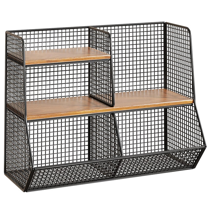 Multi-Tier Wire Mesh Countertop Pantry Organizer with Wood Shelves and Basket