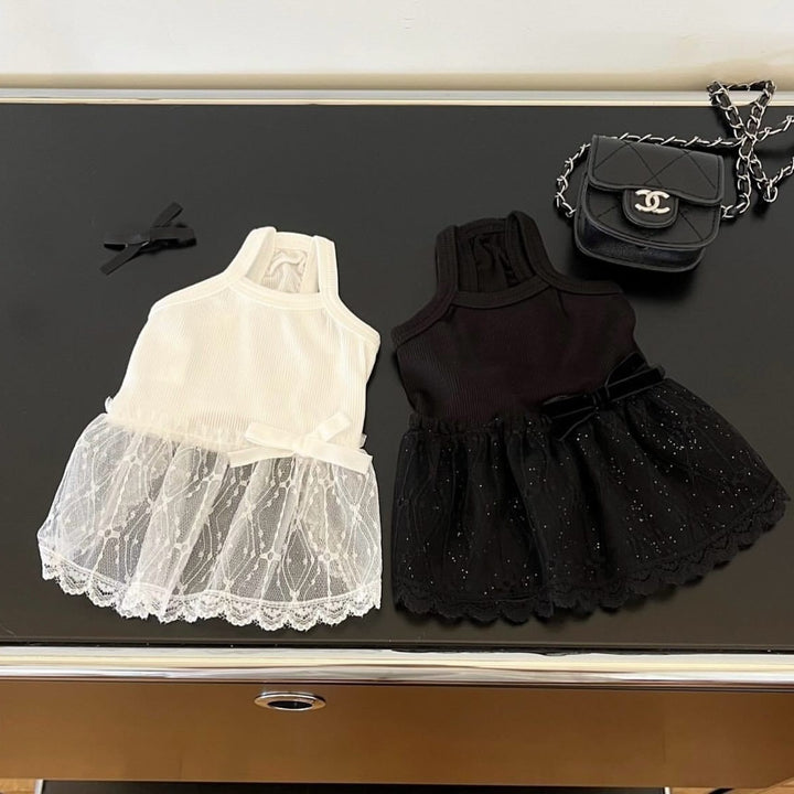 Delicate Lace Tulle Pet Dress with Ribbed Bodice & Decorative