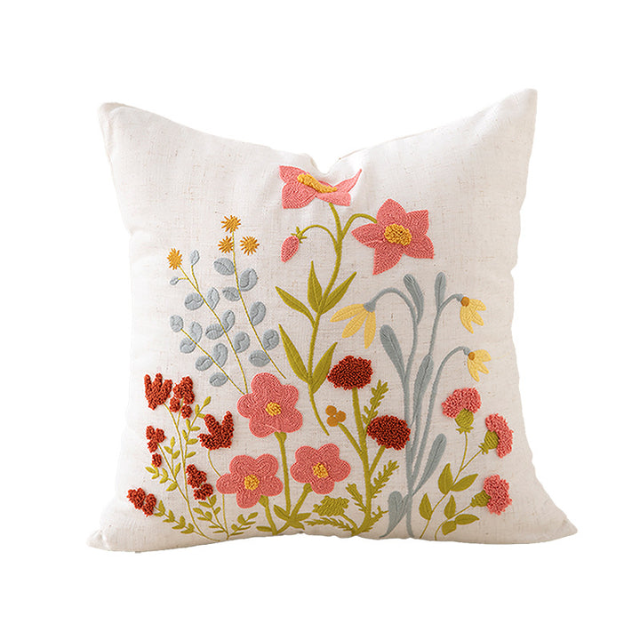 Embroidered linen decorative pillow with botanical flower embroidery
