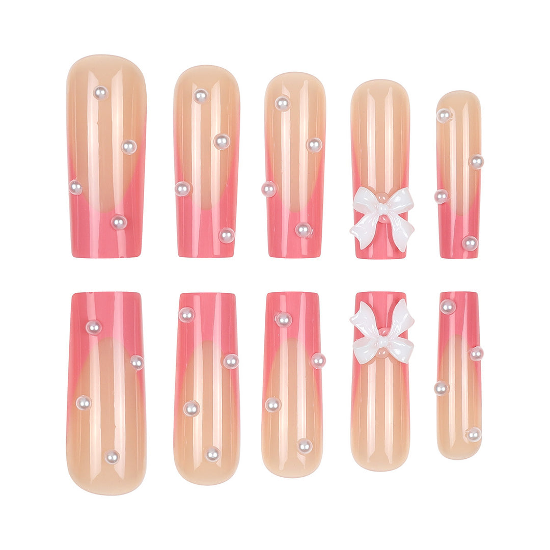 Decorative Long Square Press-On Nails with 3D Bow and Pearl Accents Kalsten