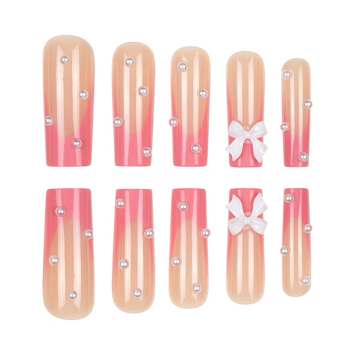 Decorative Long Square Press-On Nails with 3D Bow and Pearl Accents Kalsten