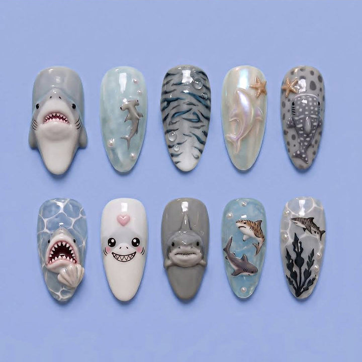 Marine Life-Themed Press-On Nail Art Set