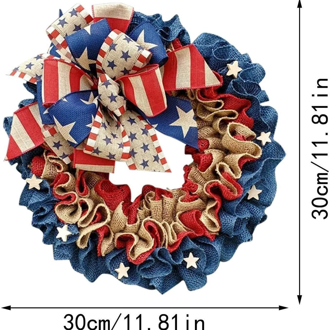 Unisex nan patriotic burlap wreath with layered ruffled Americana bow Kalsten