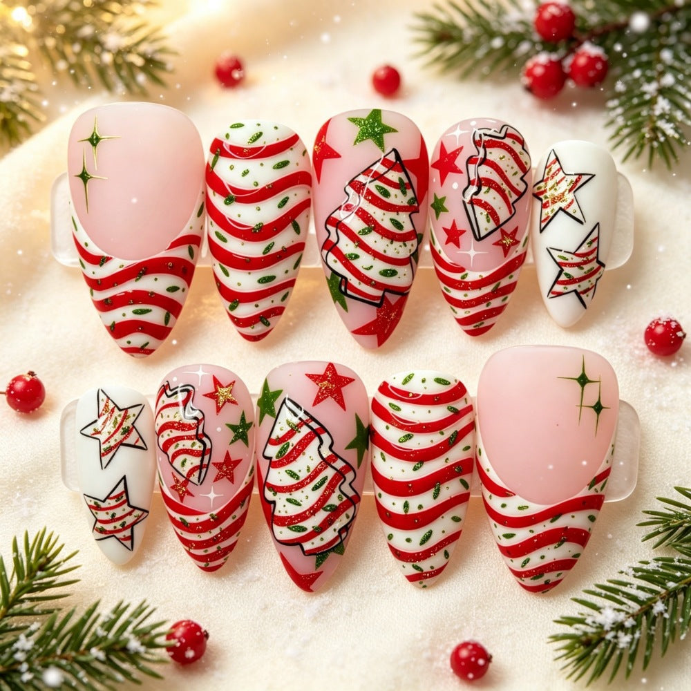 Artificial nails in festive Christmas design with colorful accents Kalsten