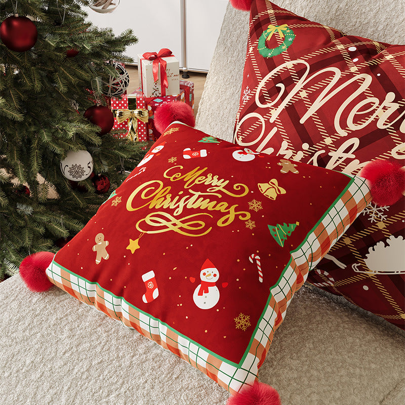 Festive Plaid Pom-Pom Corner Decorative Christmas Throw Pillow Cover