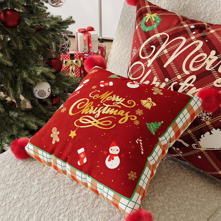 Festive Plaid Pom-Pom Corner Decorative Christmas Throw Pillow Cover